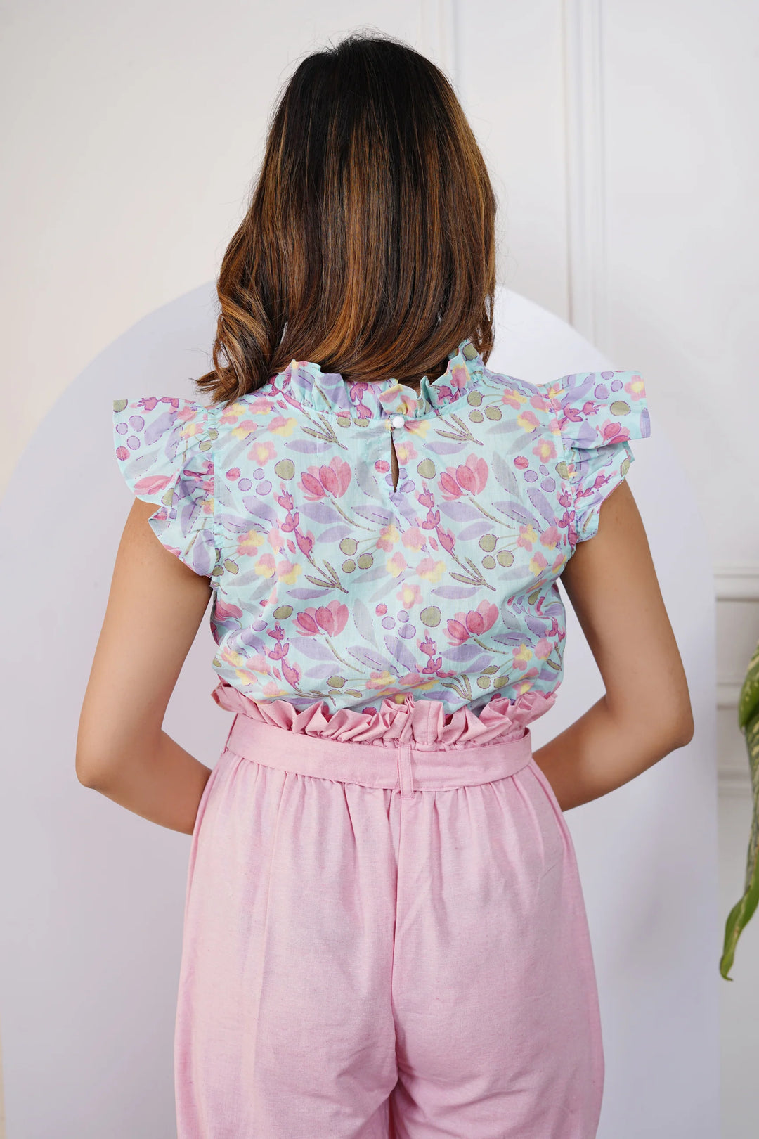 Sky Blue Floral Printed Top with Pink Pants for Mom