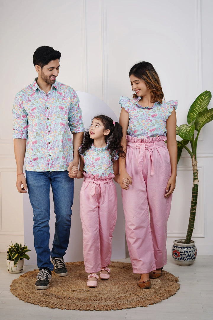 Sky Blue Floral Printed Top with Pretty Pink Pants And Matching Shirt Family Set
