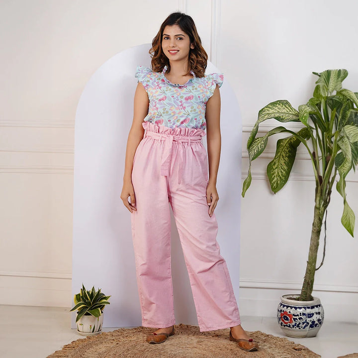 Sky Blue Floral Printed Top with Pink Pants for Mom