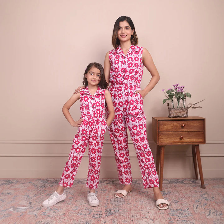 Fashionably Fuchsia: Sleeveless Collared Cotton Jumpsuit Mom and Daughter Twinning Set
