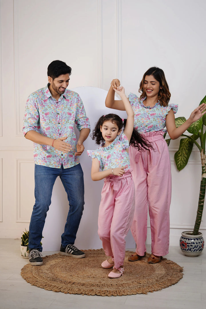Sky Blue Floral Printed Top with Pretty Pink Pants And Matching Shirt Family Set
