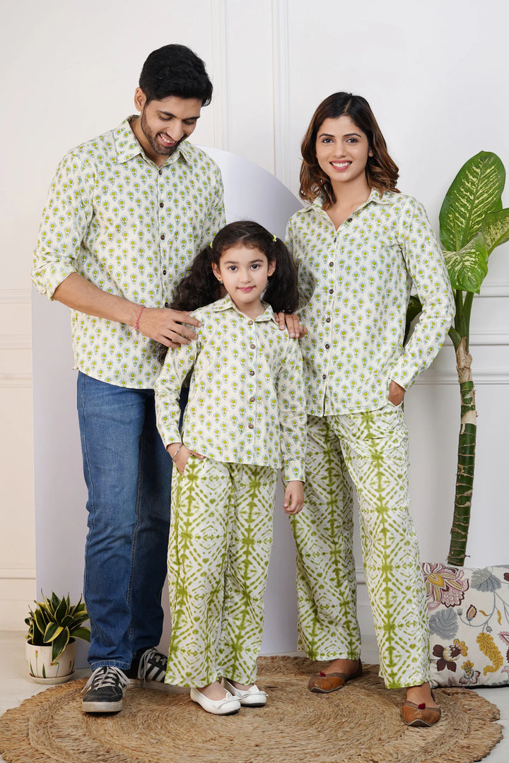 Refreshingly Stylish Green Printed Shirt with Comfy Pants And Matching Shirt Family Matching Set