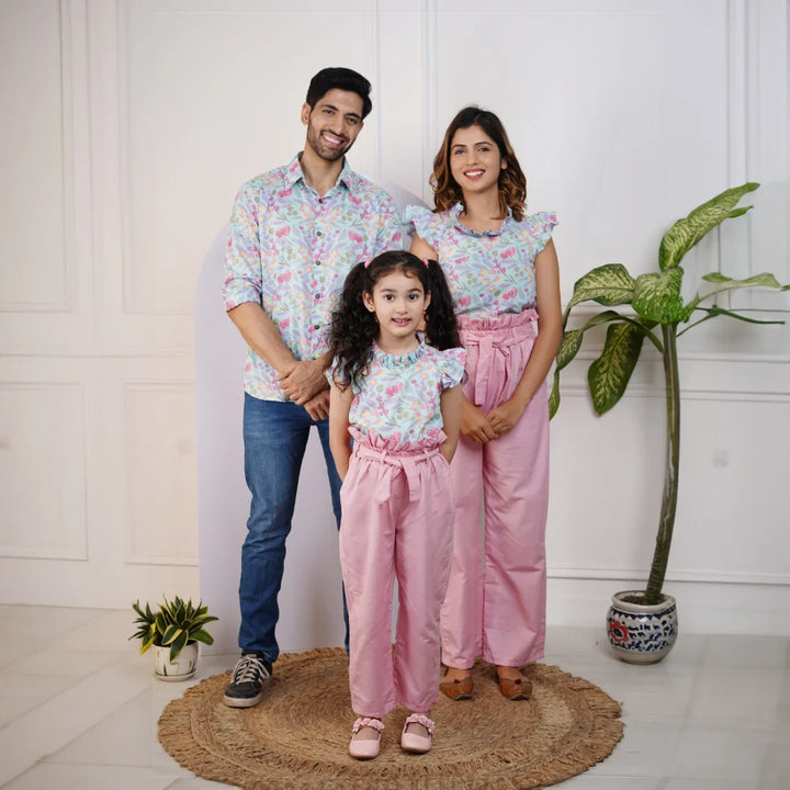 Sky Blue Floral Printed Top with Pretty Pink Pants And Matching Shirt Family Set