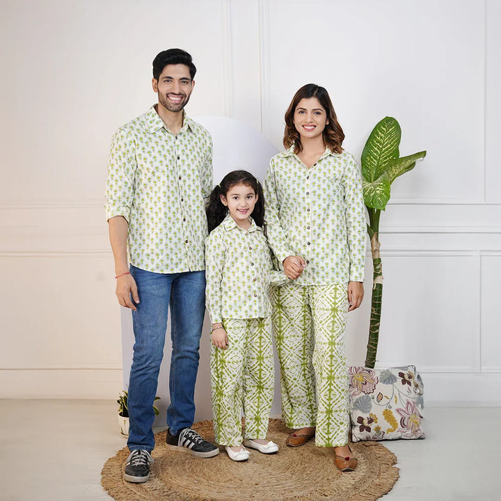 Refreshingly Stylish Green Printed Shirt with Comfy Pants And Matching Shirt Family Matching Set
