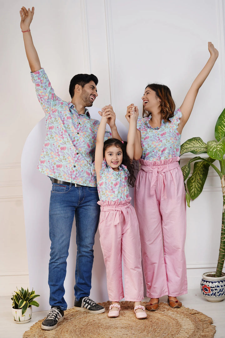 Sky Blue Floral Printed Top with Pretty Pink Pants And Matching Shirt Family Set