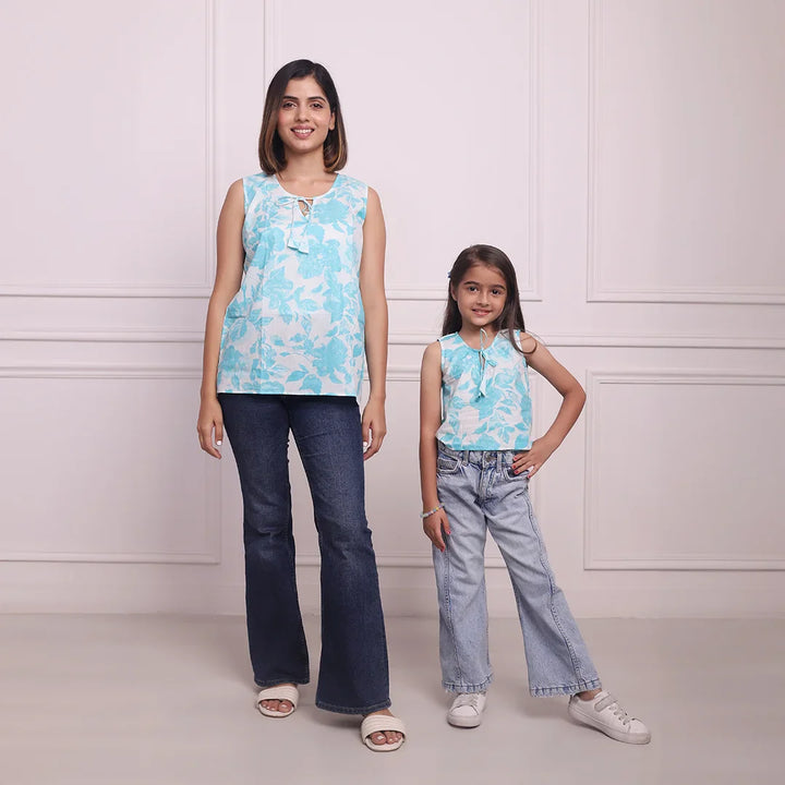 Blooming Blue Set: Cotton Floral Tops for Mom and Daughter