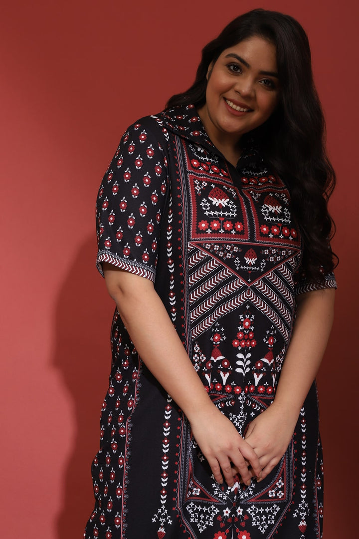 Raabta Indian Ethnic Print Black Long Dress With Side Slit