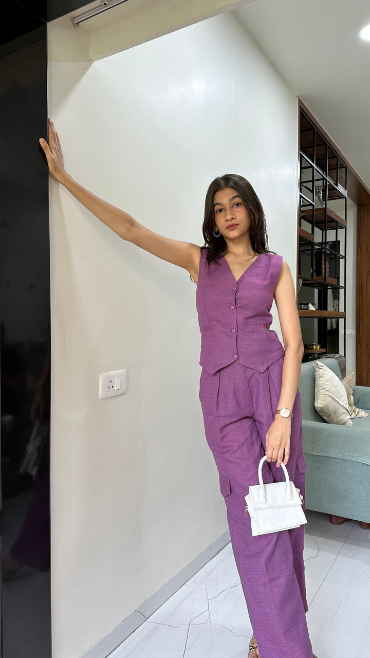 Purple Plum Co-ord Set | Waistcoat with Cargo Pants