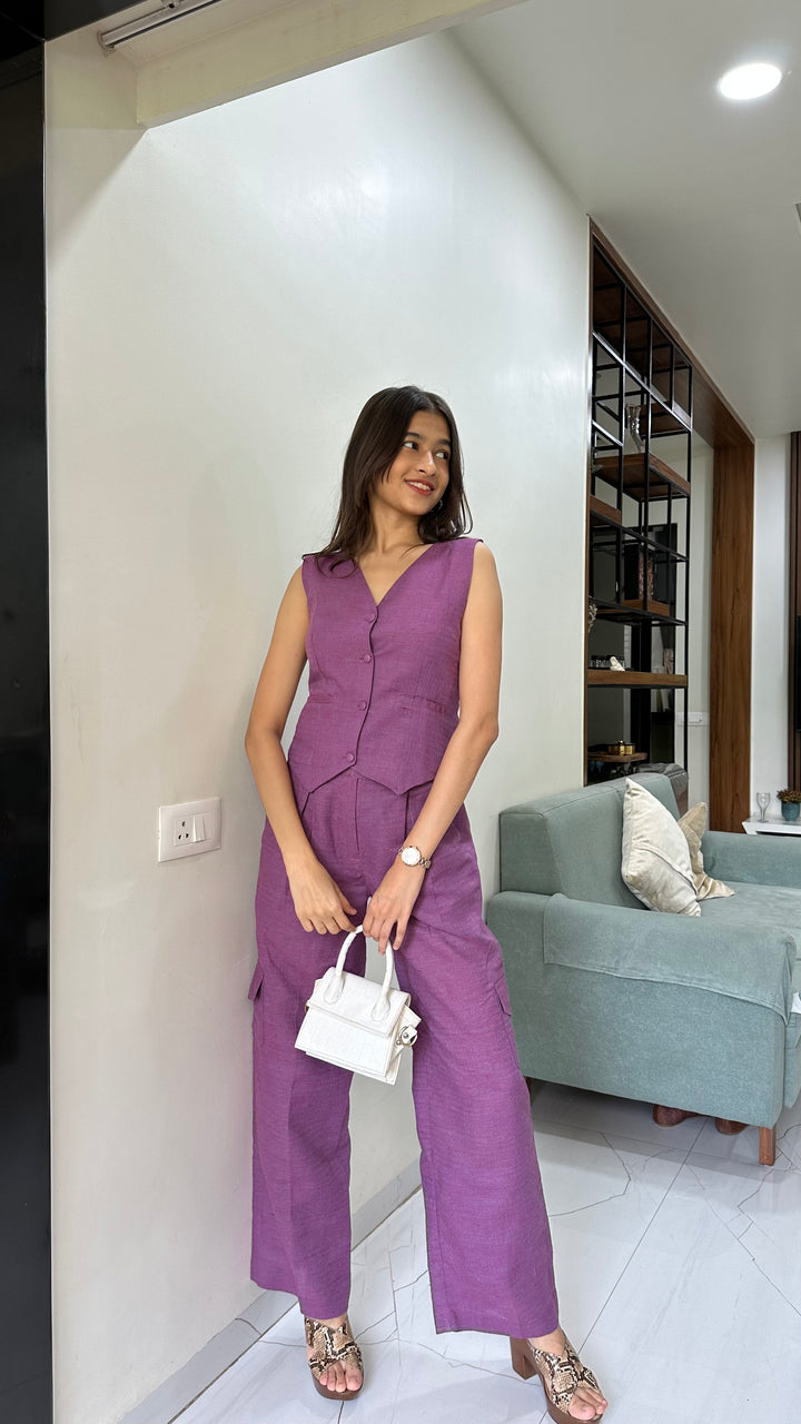 Purple Plum Co-ord Set | Waistcoat with Cargo Pants
