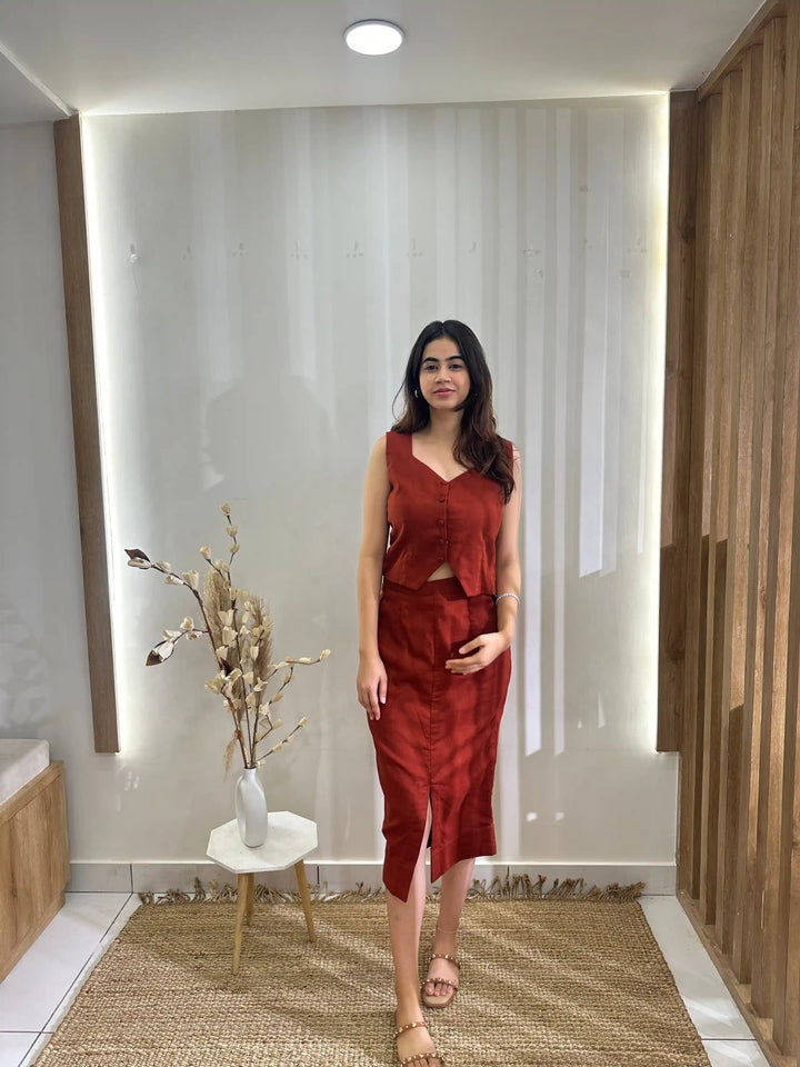 Elegant Rust Co-ord | Premium Fabric Skirt & Waistcoat for Women