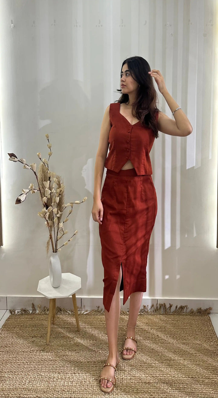 Elegant Rust Co-ord | Premium Fabric Skirt & Waistcoat for Women