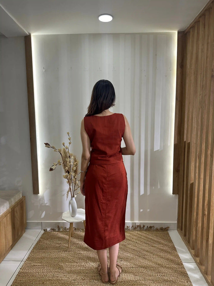 Elegant Rust Co-ord | Premium Fabric Skirt & Waistcoat for Women