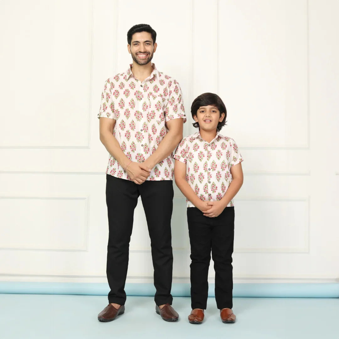 White and Red Block Printed Matching Shirt Father & Son Twin Set