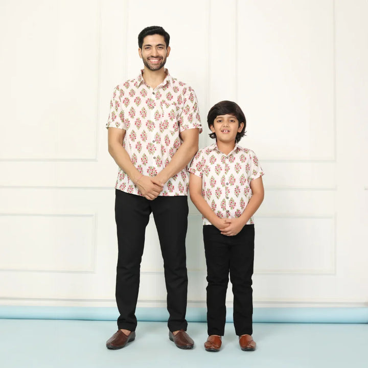White and Red Block Printed Matching Shirt Father & Son Twin Set