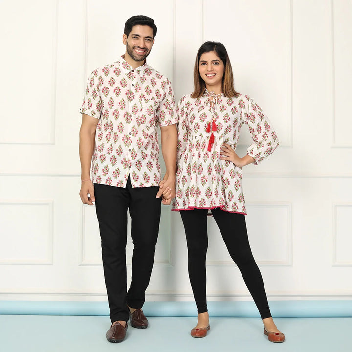 White and Red Block Printed Tunic with Matching Shirt Couple Set