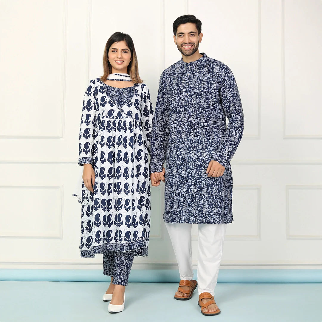 Navy and White Indigo Coordinated Printed Kurta Pyjama Couple Twin Set for a Stylish Ensemble