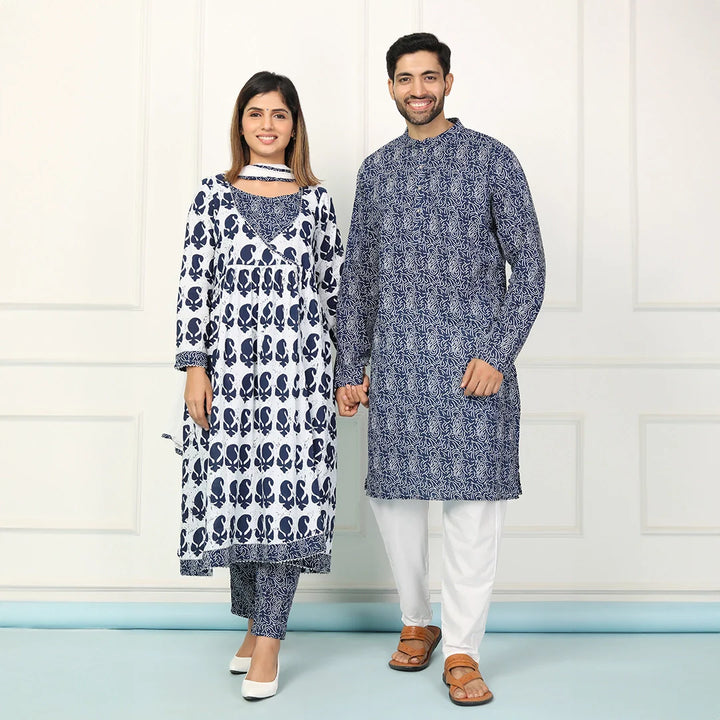 Navy and White Indigo Coordinated Printed Kurta Pyjama Couple Twin Set for a Stylish Ensemble
