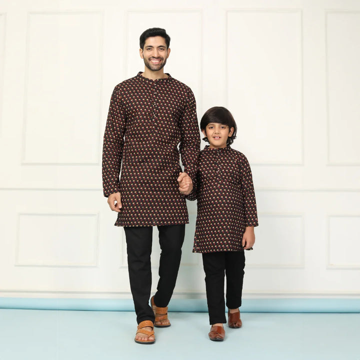 Black Printed Short Matching Kurta Father & Son Twin Set