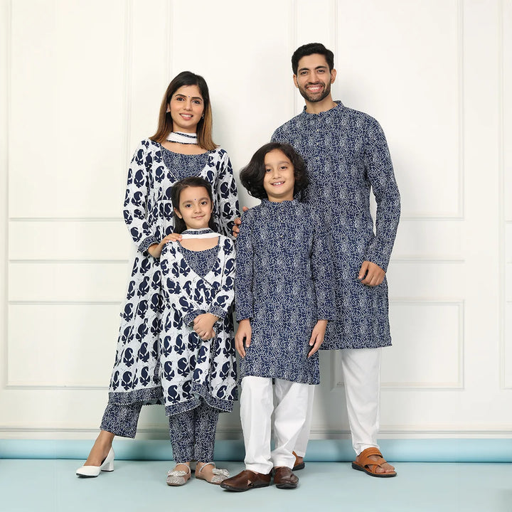 Navy and White Indigo Printed Coordinate Kurta Pyjama Family Twin Set - Perfect for Matching Outfits