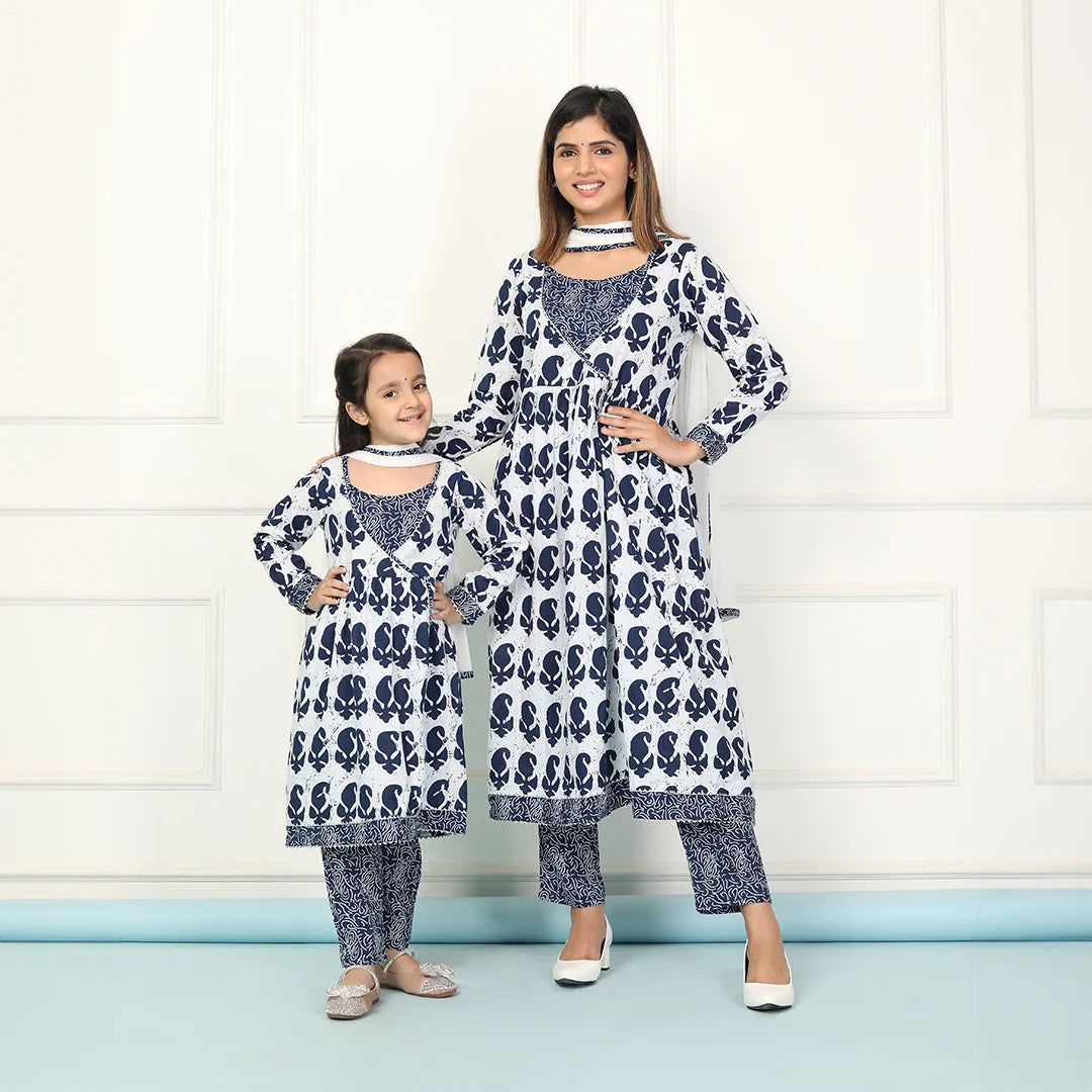 Navy and White Indigo Printed Matching Set for Mother and Daughter