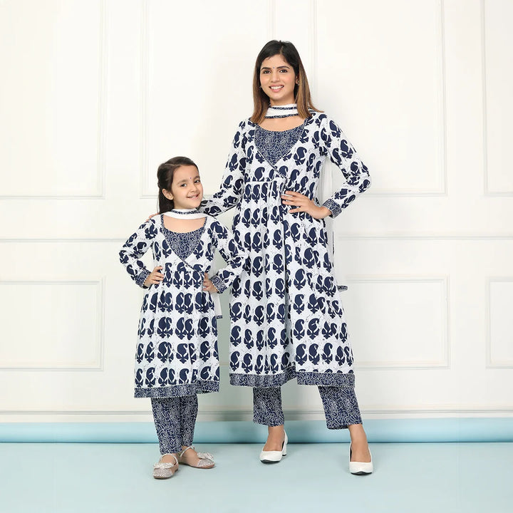 Navy and White Indigo Printed Matching Set for Mother and Daughter