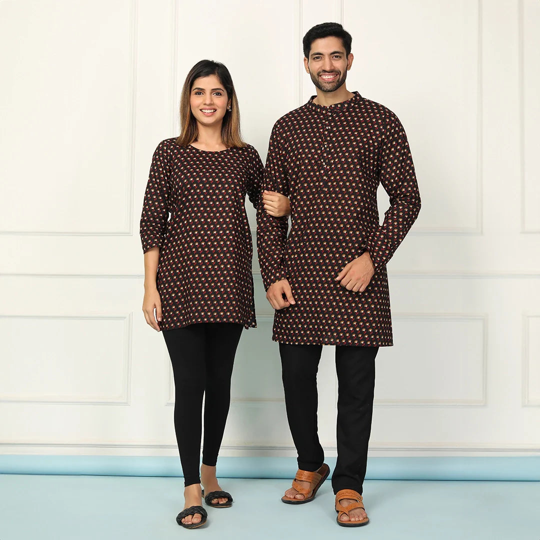 Black Printed Short Kurti & Matching Kurta Couple set