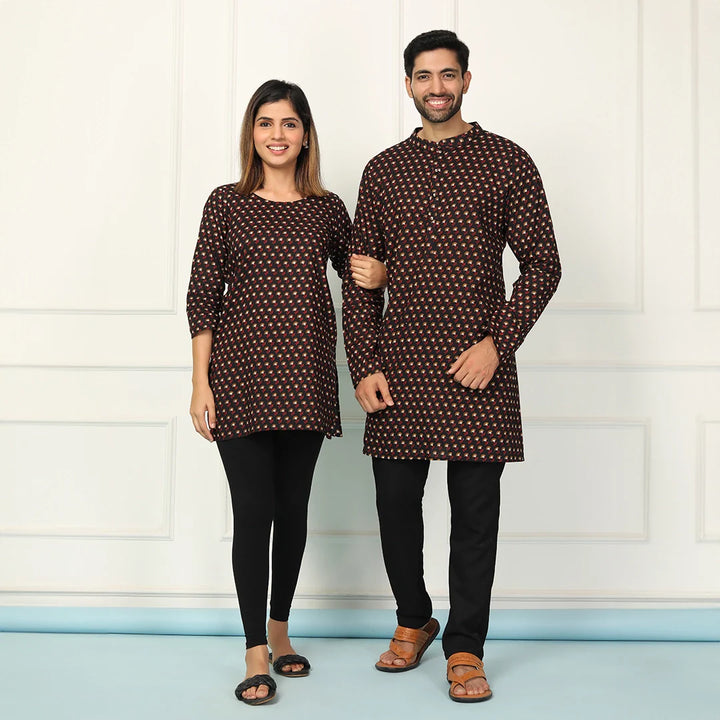 Black Printed Short Kurti & Matching Kurta Couple set
