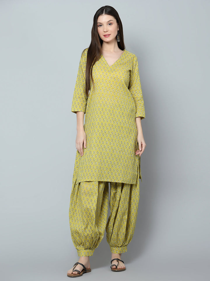 Malini Olive Cotton Block Print Kurta Salwar Set | Elegant Traditional Wear
