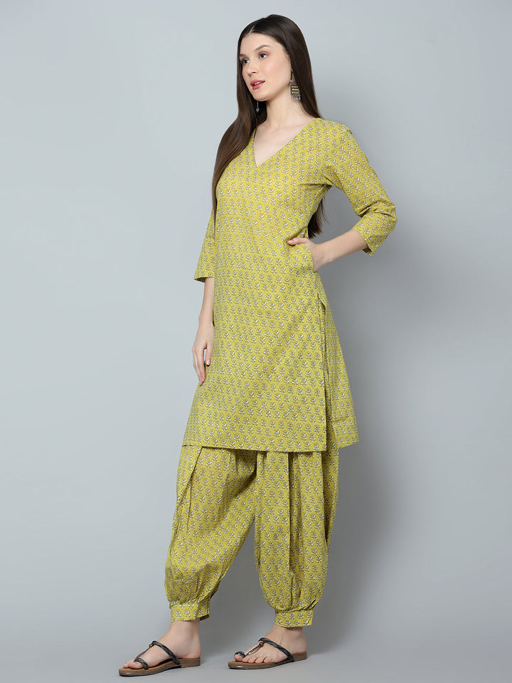 Malini Olive Cotton Block Print Kurta Salwar Set | Elegant Traditional Wear