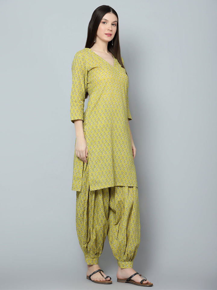 Malini Olive Cotton Block Print Kurta Salwar Set | Elegant Traditional Wear