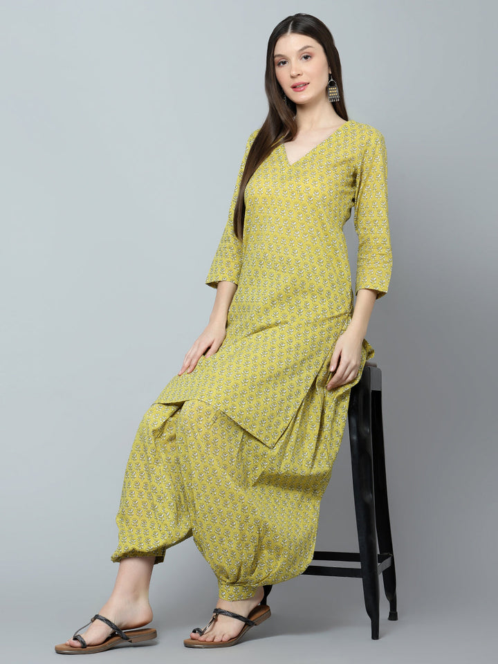 Malini Olive Cotton Block Print Kurta Salwar Set | Elegant Traditional Wear