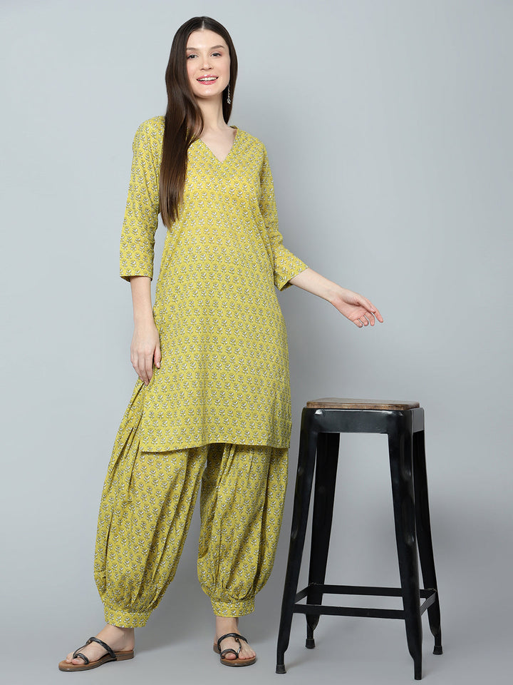 Malini Olive Cotton Block Print Kurta Salwar Set | Elegant Traditional Wear