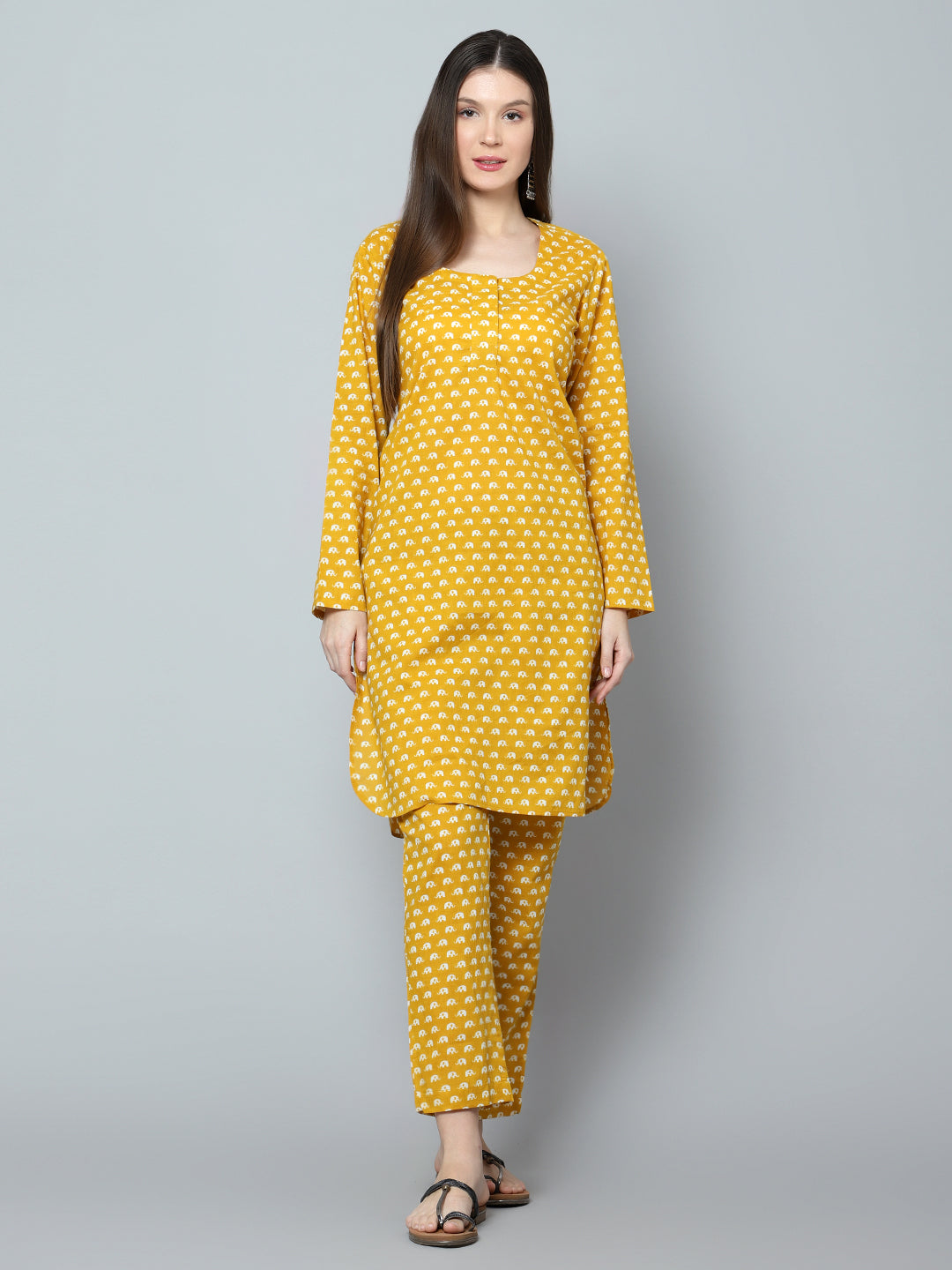Mustard Chandini Cotton Set | Hand-Block Kurta & Cotton Pants