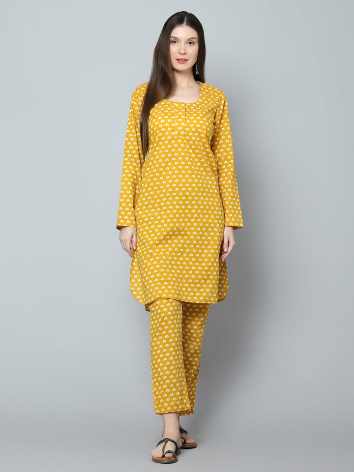 Mustard Chandini Cotton Set | Hand-Block Kurta & Cotton Pants