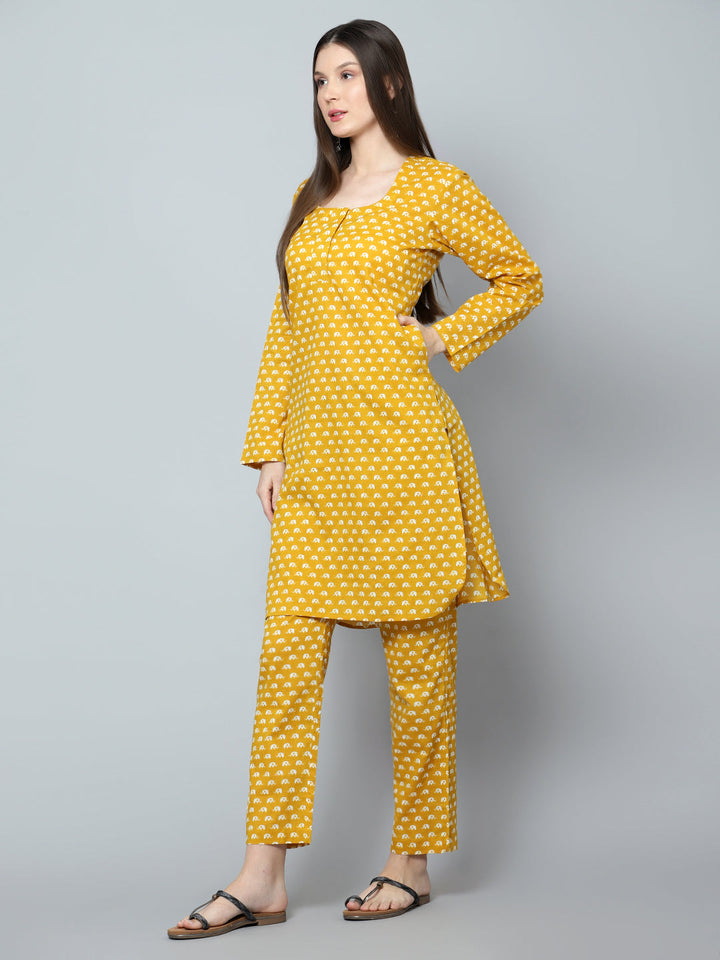 Mustard Chandini Cotton Set | Hand-Block Kurta & Cotton Pants