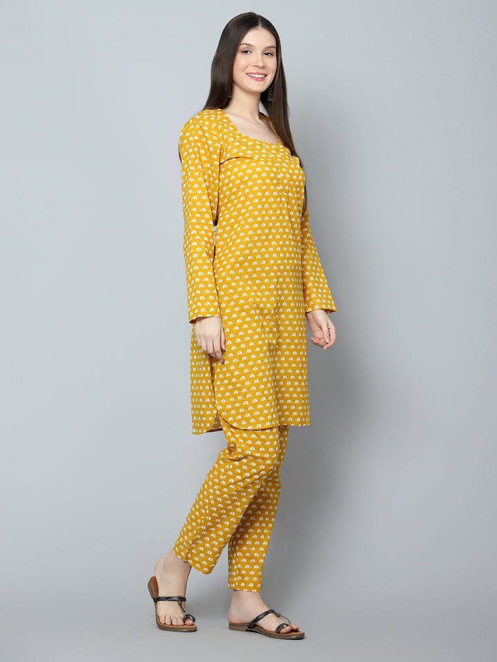 Mustard Chandini Cotton Set | Hand-Block Kurta & Cotton Pants
