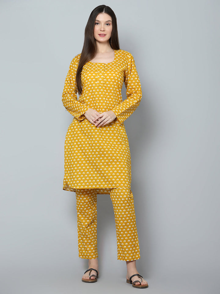 Mustard Chandini Cotton Set | Hand-Block Kurta & Cotton Pants