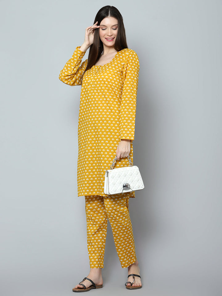 Mustard Chandini Cotton Set | Hand-Block Kurta & Cotton Pants