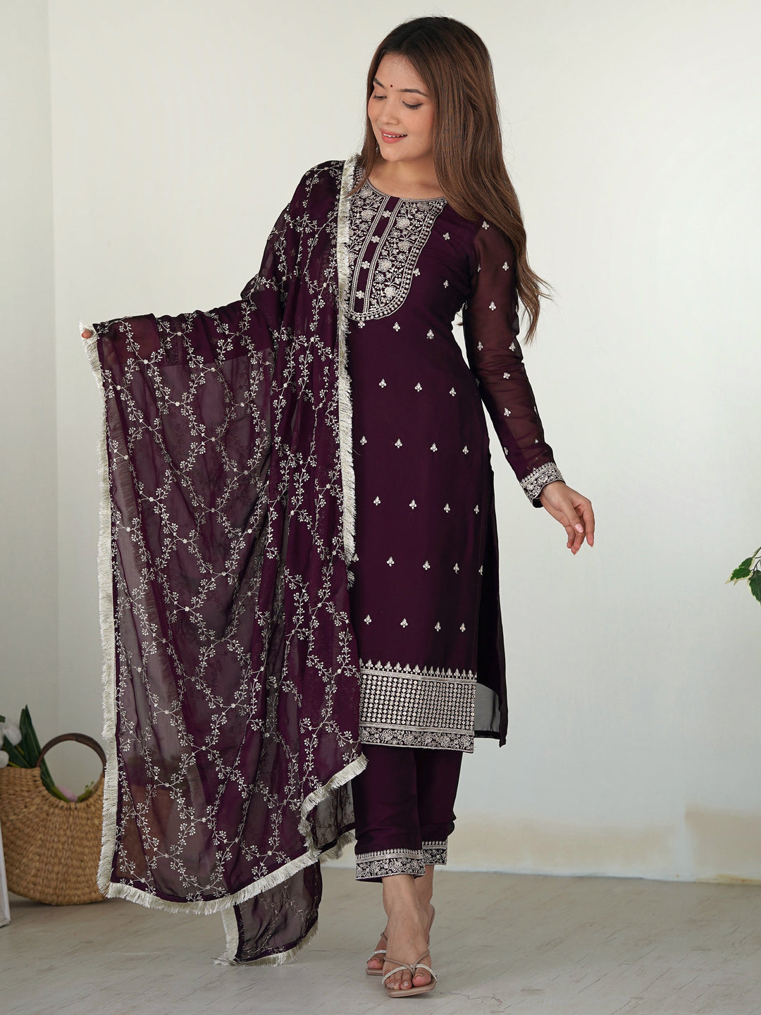 Wonderful Wine Embroidered Silk Pant Suit With Dupatta