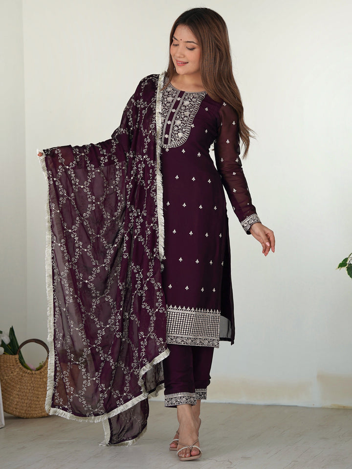 Wonderful Wine Embroidered Silk Pant Suit With Dupatta