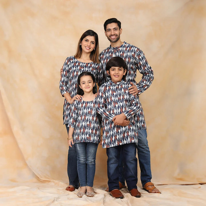 Navy Blue & White Ikkat Printed Family Matching Kurti & Kurta Set - Stylish Outfit for All
