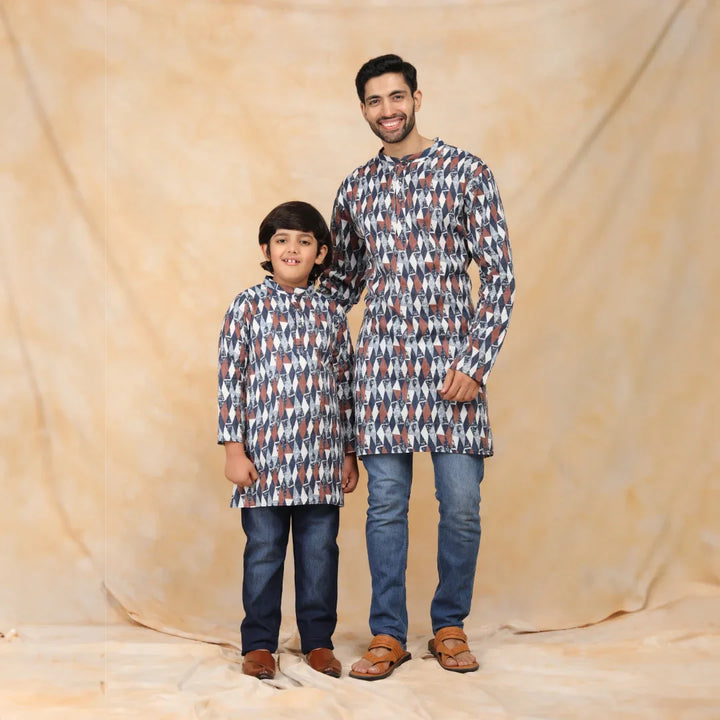 Navy Blue & White Ikkat Printed Matching Kurta Father & Son Twin Set