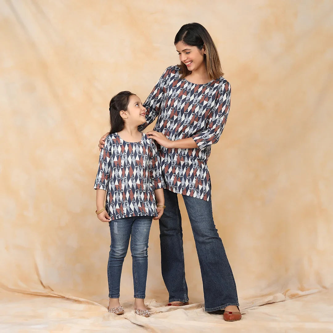 Navy Blue and White Ikkat Print Kurti Set for Mother and Daughter Twins