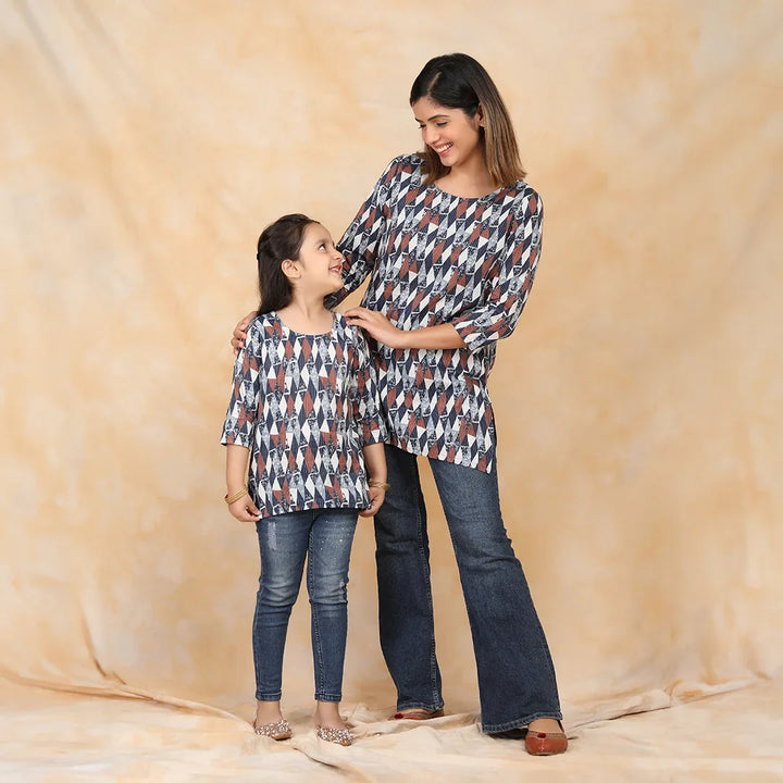 Navy Blue and White Ikkat Print Kurti Set for Mother and Daughter Twins