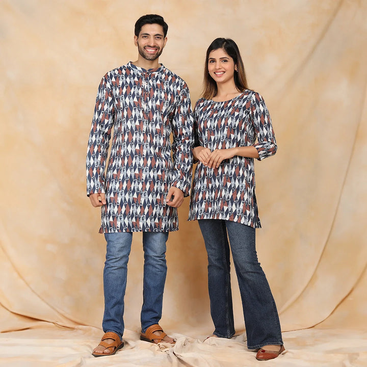 Navy  Blue & White Ikkat Printed Kurti with Matching Kurta Couple Twin Set