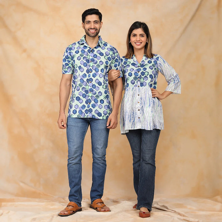 White and Blue Block printed Top with Matching Shirt Couple Twin Set