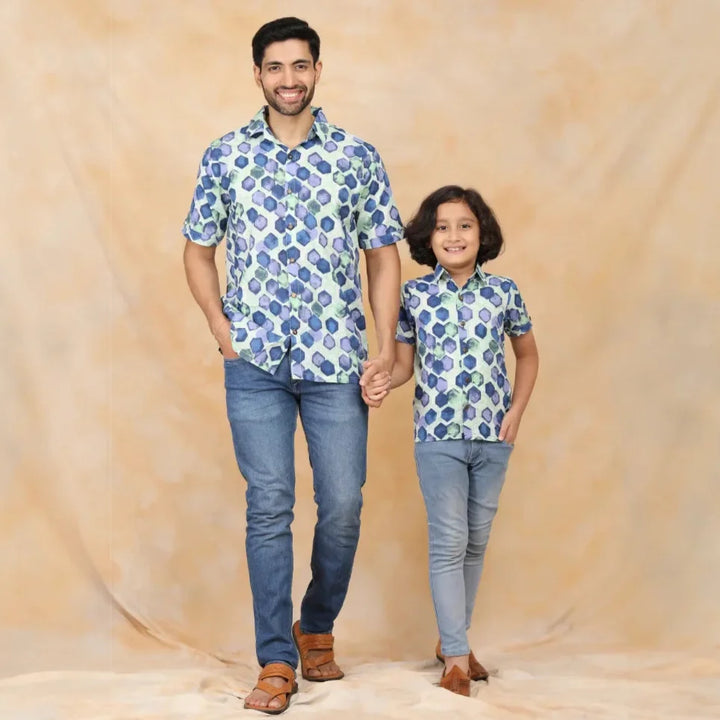 White and Blue Block Printed Matching Shirts for Father and Son