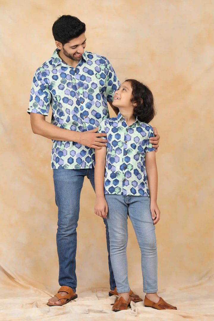 White and Blue Block Printed Matching Shirts for Father and Son