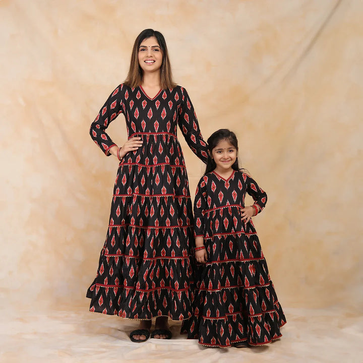 Ikkat Printed Gown Set in Black and Red for Mother and Daughter Twin