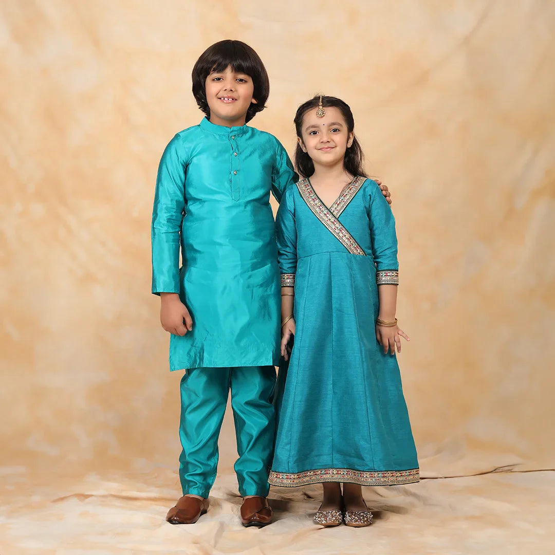 Enchanting Elegance: Peacock Green Angrakha Gown and Matching Kurta Pyjama Twin Set for Brother and Sister